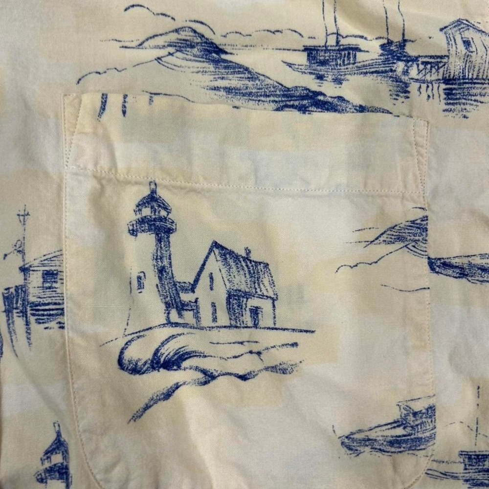 Vintage Mens Nautica Short Sleeve ButtonUp Shirt Fishing Village Lighthouse Boat - Picture 2 of 3